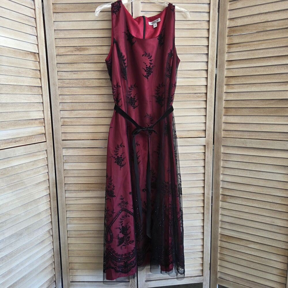 Coldwater Creek Dress Red Black Mesh Sequins Overlay Lined Size 14 Whimsigoth